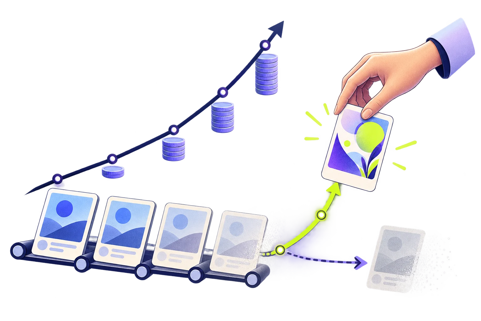 A rising acquisition cost signal and repeated ad cards, with a hand selecting a fresh creative route