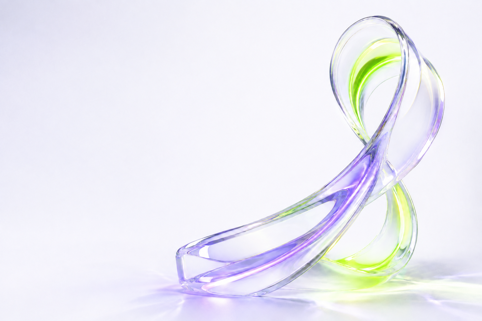 A clear glass ribbon with violet and lime refractions in a bright pearl-white studio
